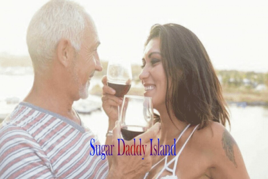 sugardaddy ristað brauð með víni með sugarbaby sínu á ströndinni eða á ströndinni