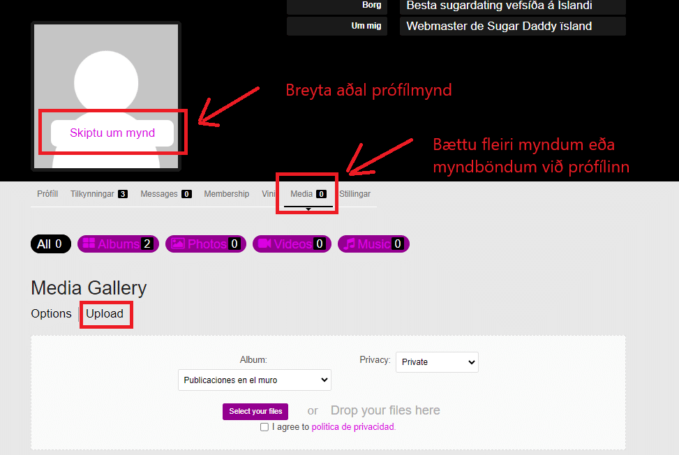 skjáskot um hvernig á að setja fleiri myndir á prófílinn